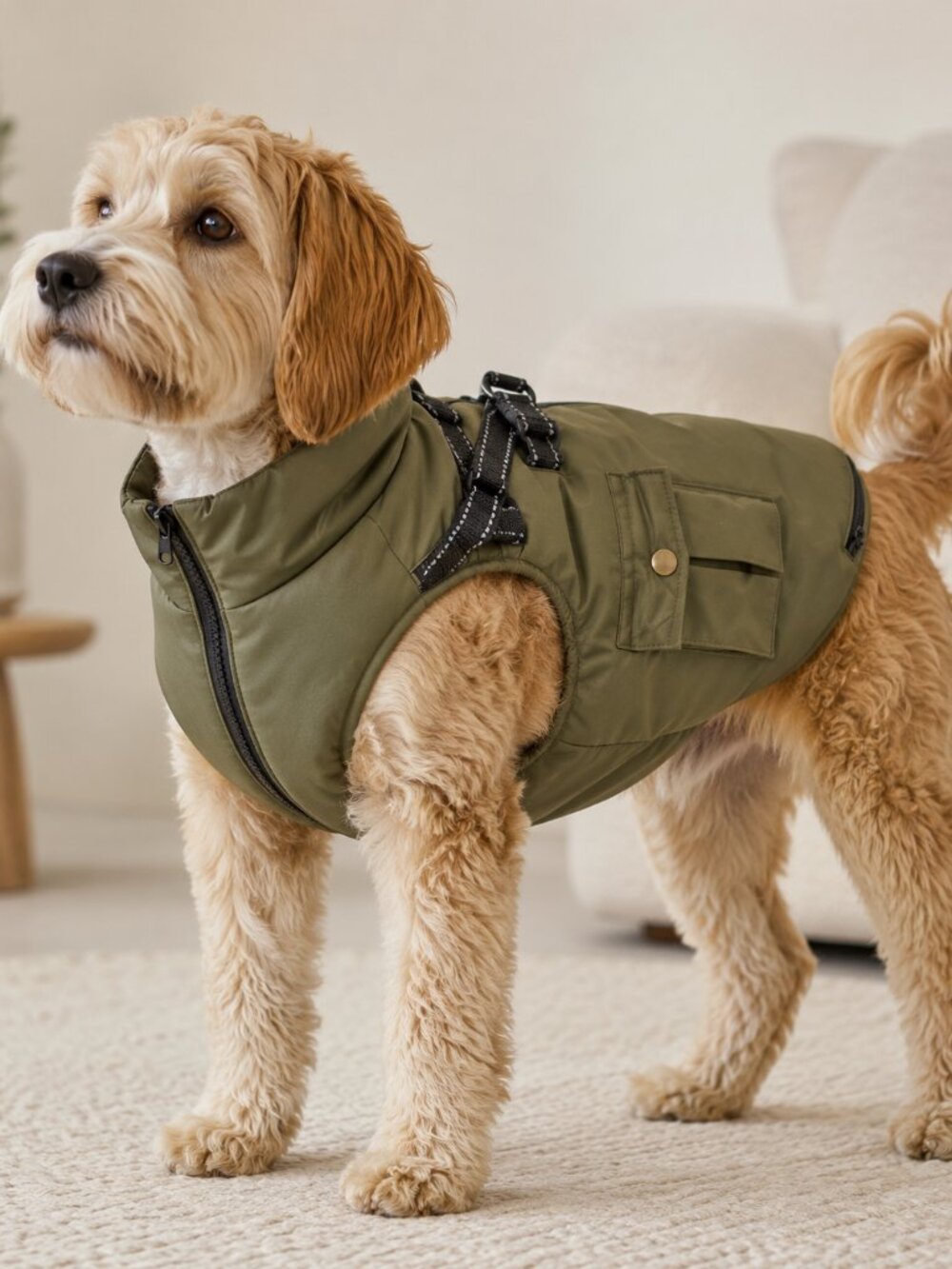Olive Green Winter Dog Vest Size L Zipper Harness Utility Pocket